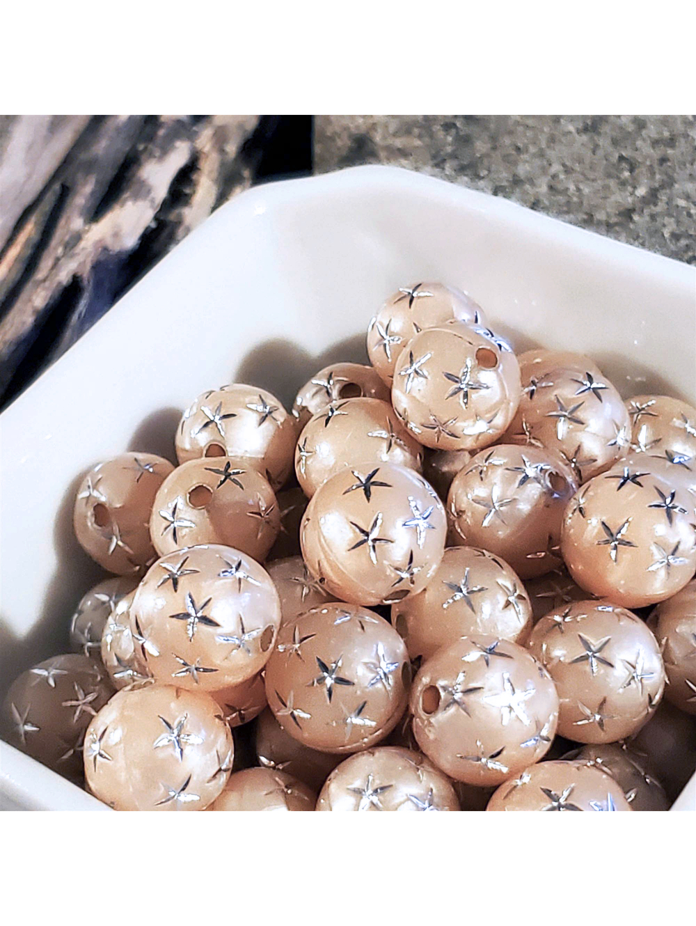 Vintage Retro Peach Silver Stars 12mm Round Acrylic Shabby Chic Beads 10 pcs